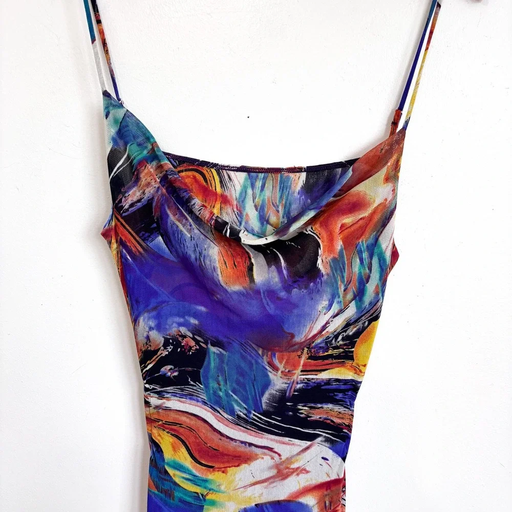 Mesh‎ Open Back Womens Abstract Artsy Cowl Neck Slip Midi Dress Size L Romantic